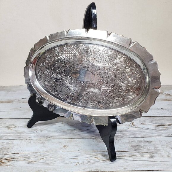 Vanity Tray Small Oval Silver Plated Copper Chased Floral Scroll Design 9.5” - Picture 3 of 10